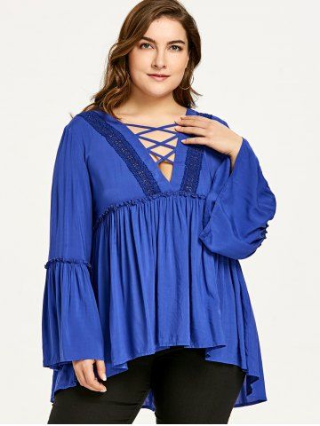 

Plus Size Flare Sleeve High Low Smock Blouse, Blue