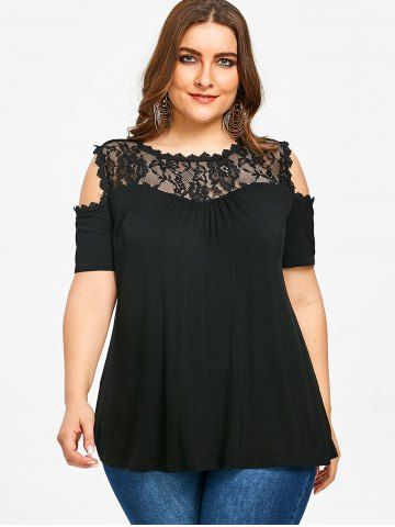 

Lace Panel Plus Size Short Sleeve T-shirt, Black