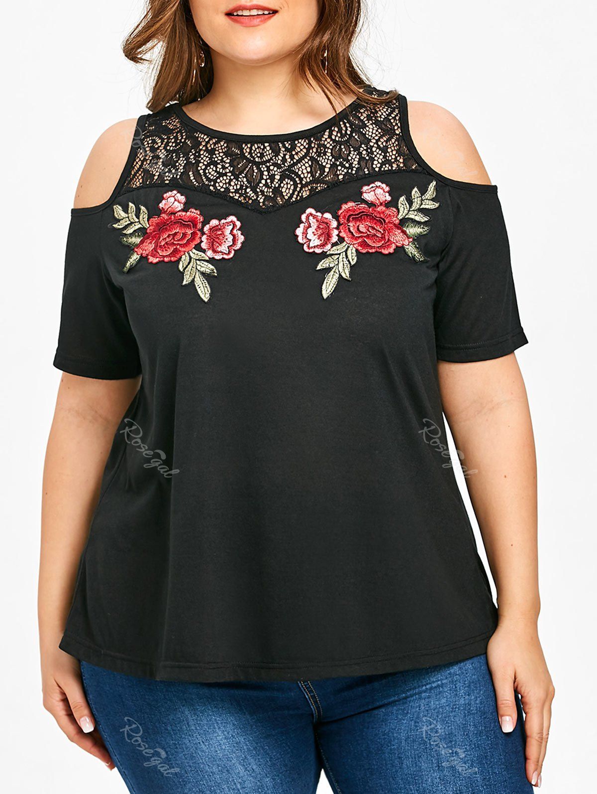 

Flower Embroidery Lace Panel Plus Size T-shirt, Black