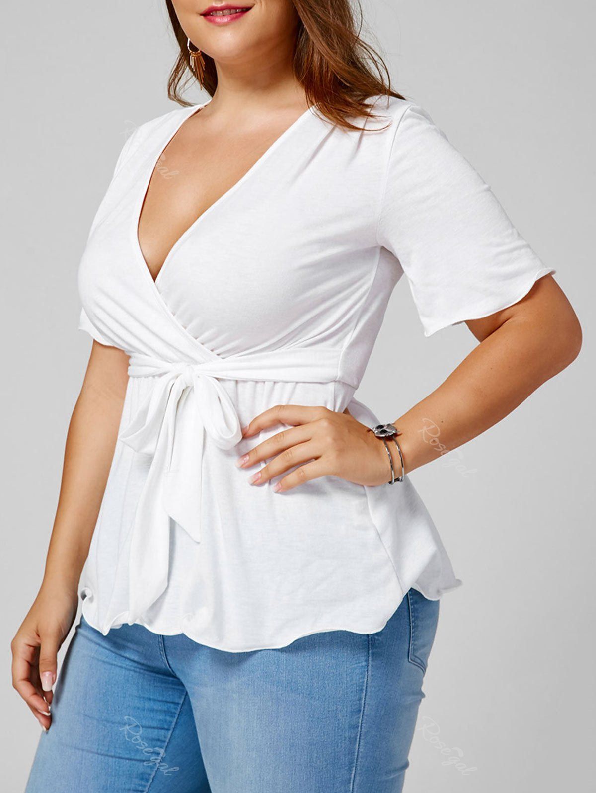 Tunic Top Women Plus Size Fashion Solid Belted Surplice Blouse Short Sleeve V-Neck T Shirt White, XL