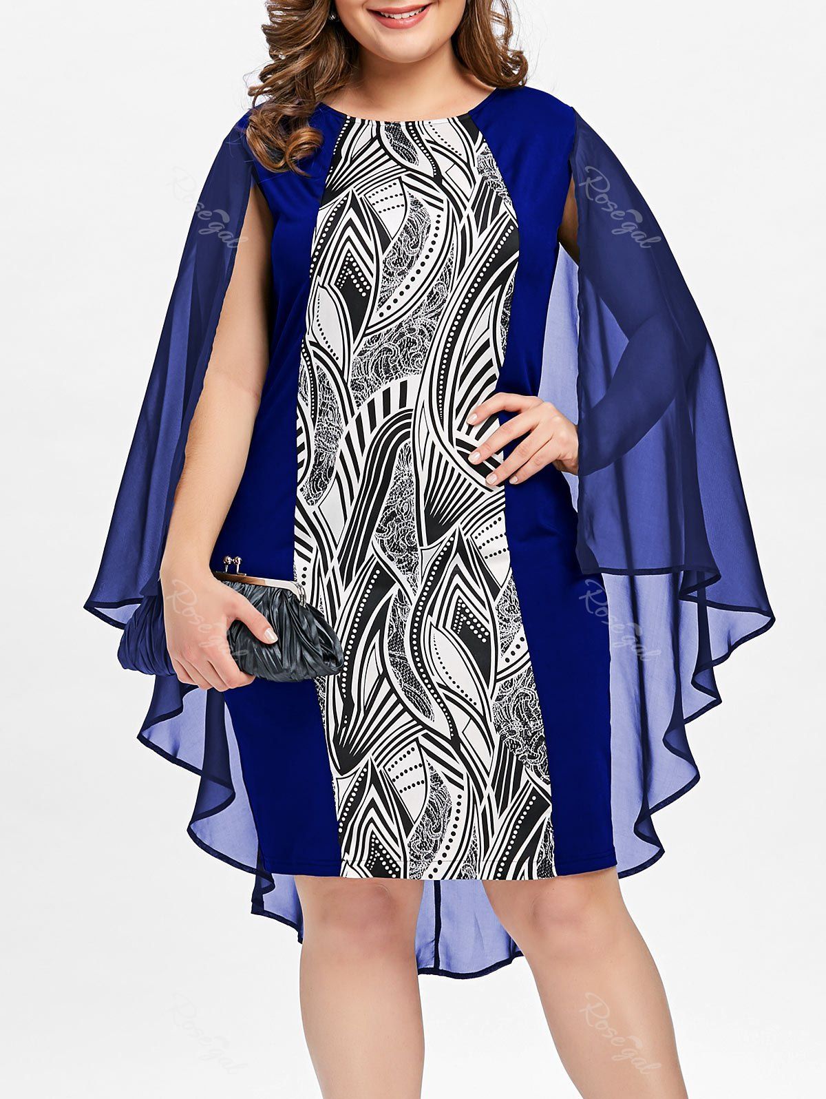 

Plus Size Print Sheath Cape Dress, Blue