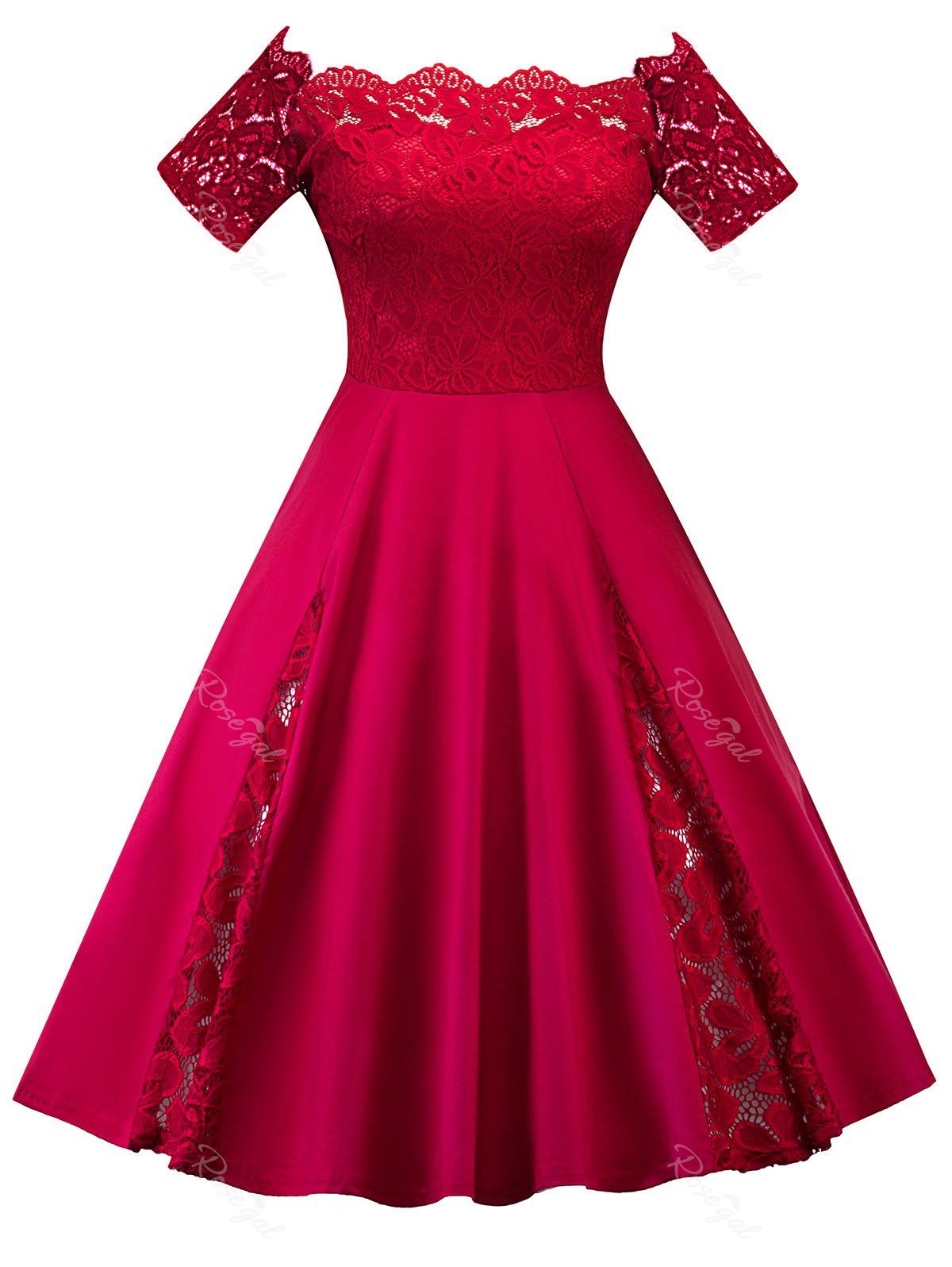 

Lace Panel Off The Shoulder Plus Size Dress, Bright red