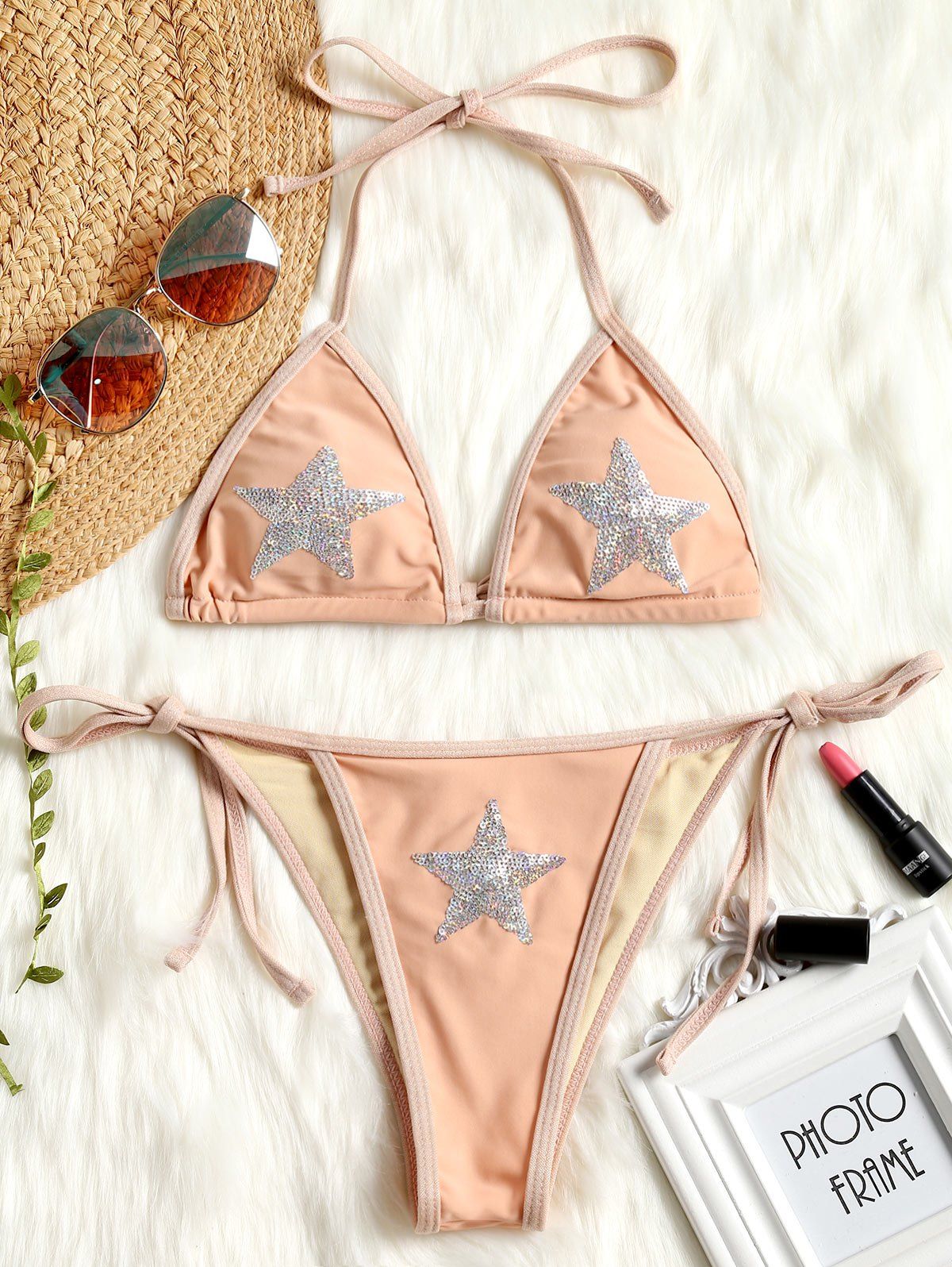 

Star Sequined Micro String Bikini, Orangepink