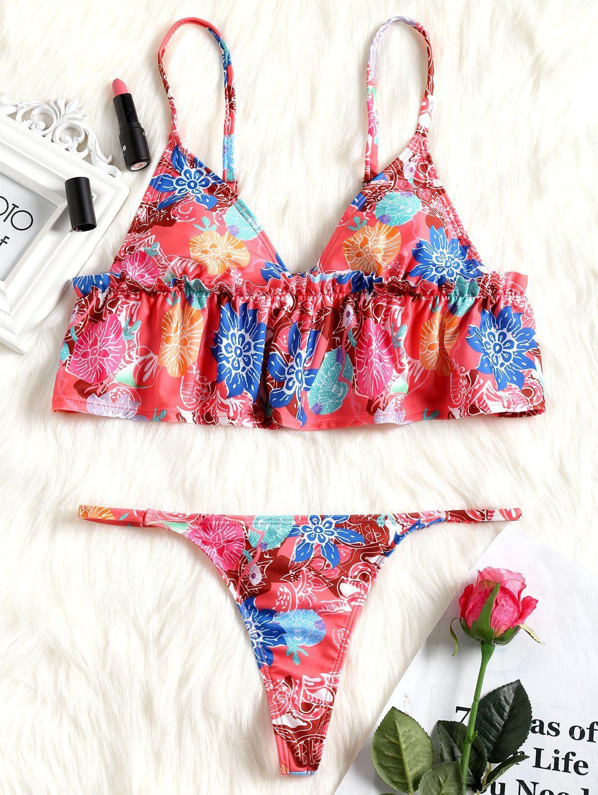 

Frill Trim Floral Flounce String Bikini, Colormix