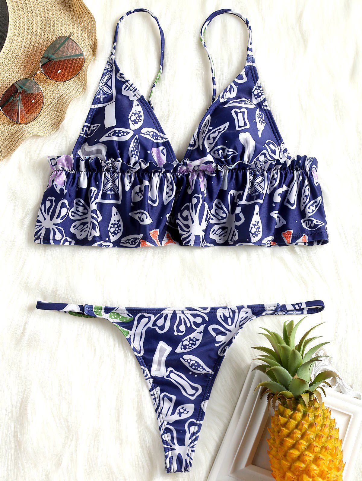 

Frilled Trim Flounce Printed String Bikini, Deep blue