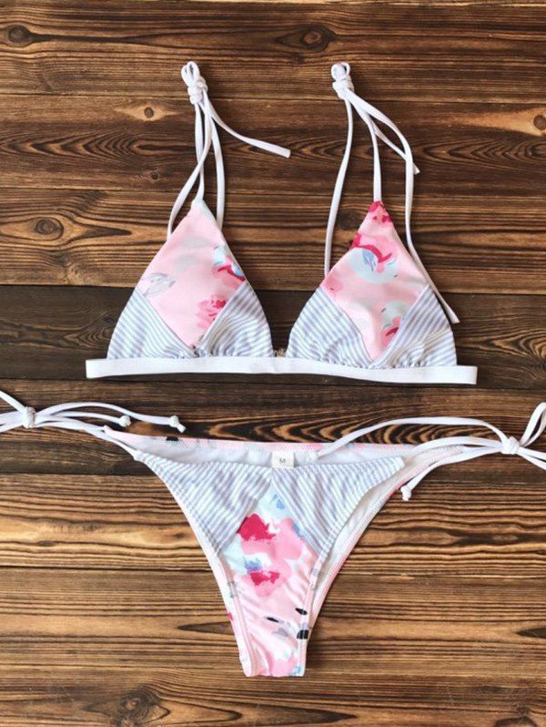 

Tie Dye Stripe Patchwork String Bikini Set, Colormix
