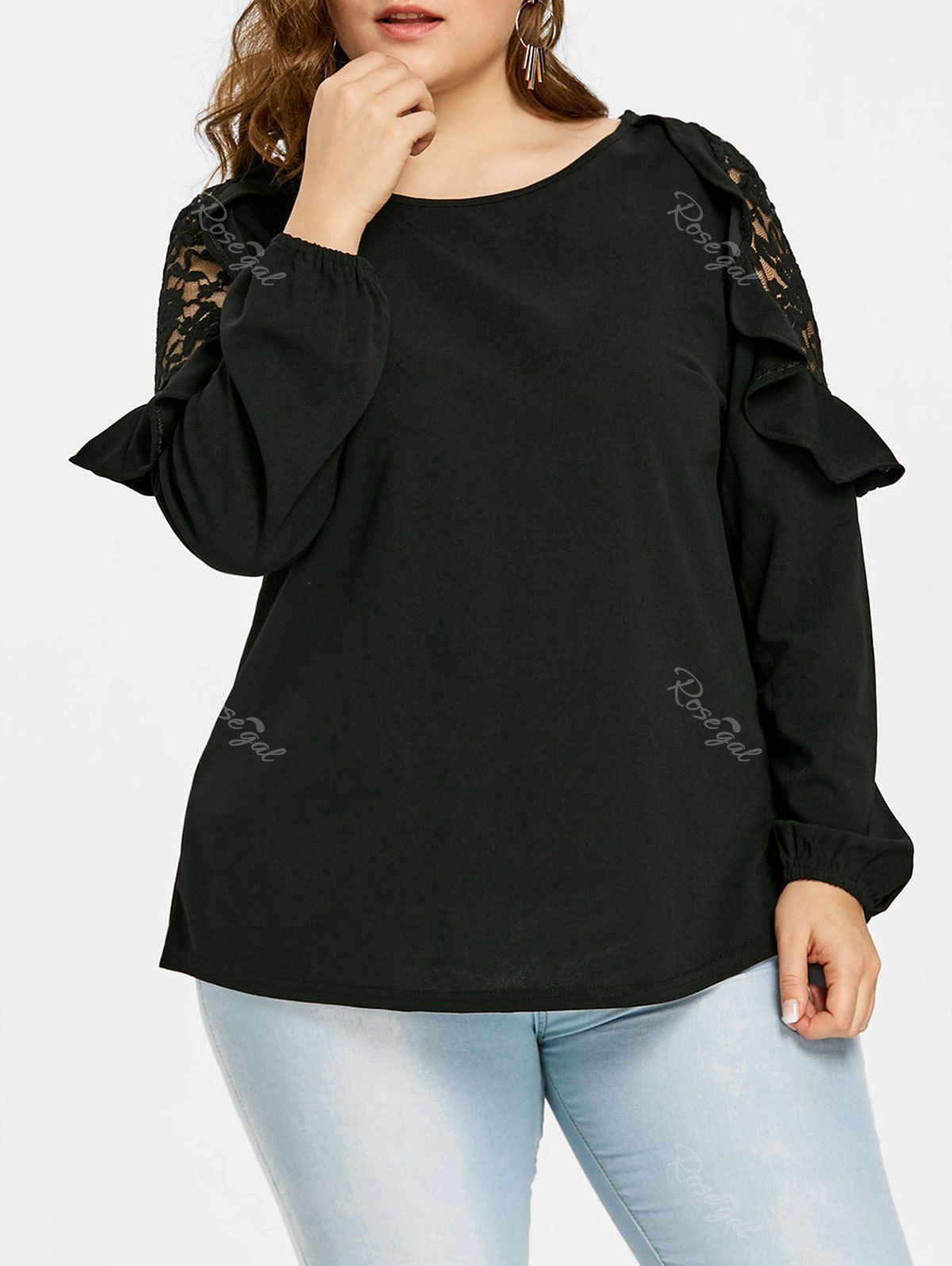 

Lace Crochet Panel Plus Size Ruffles Top, Black