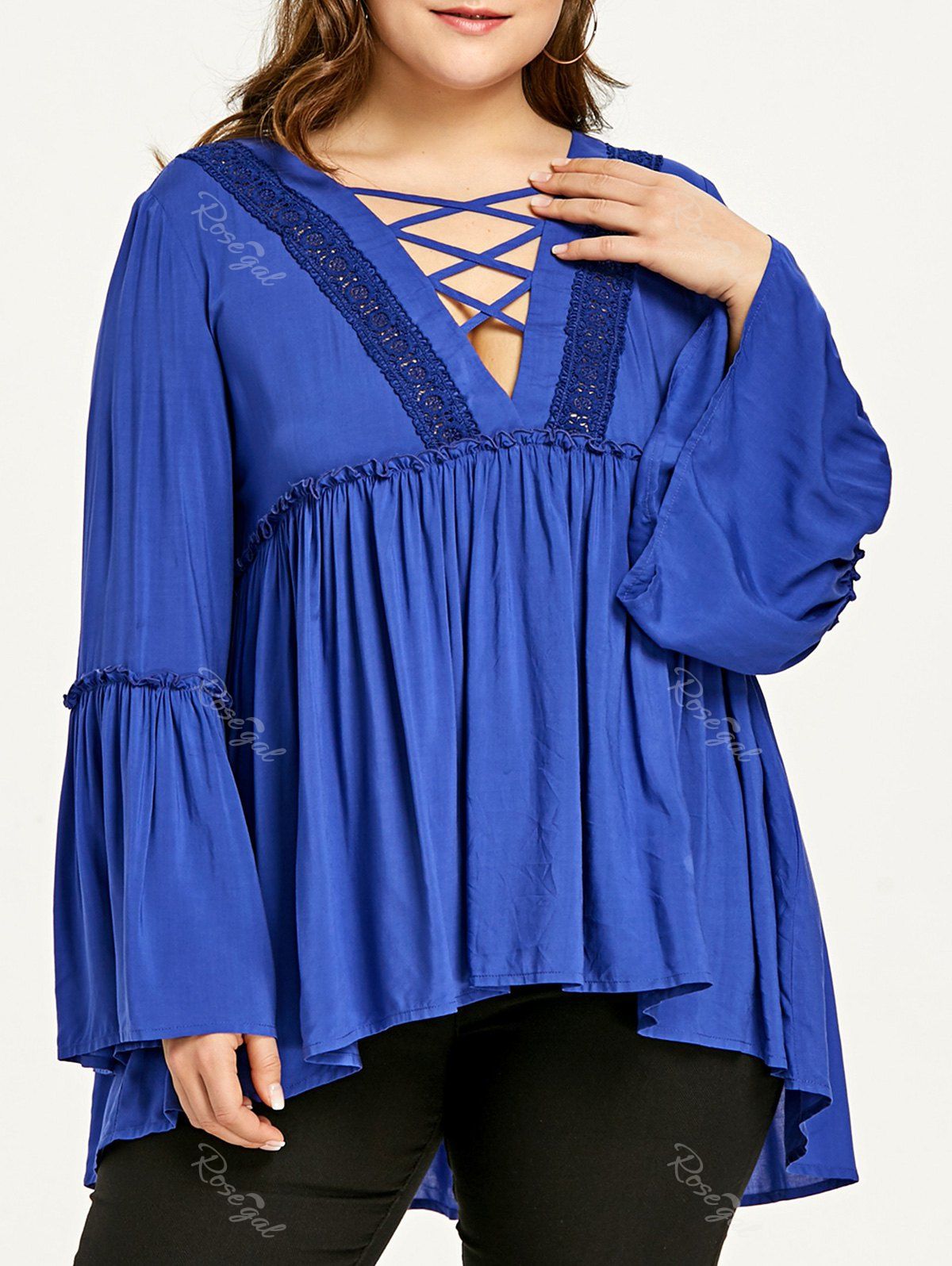 

Plus Size Flare Sleeve High Low Smock Blouse, Blue