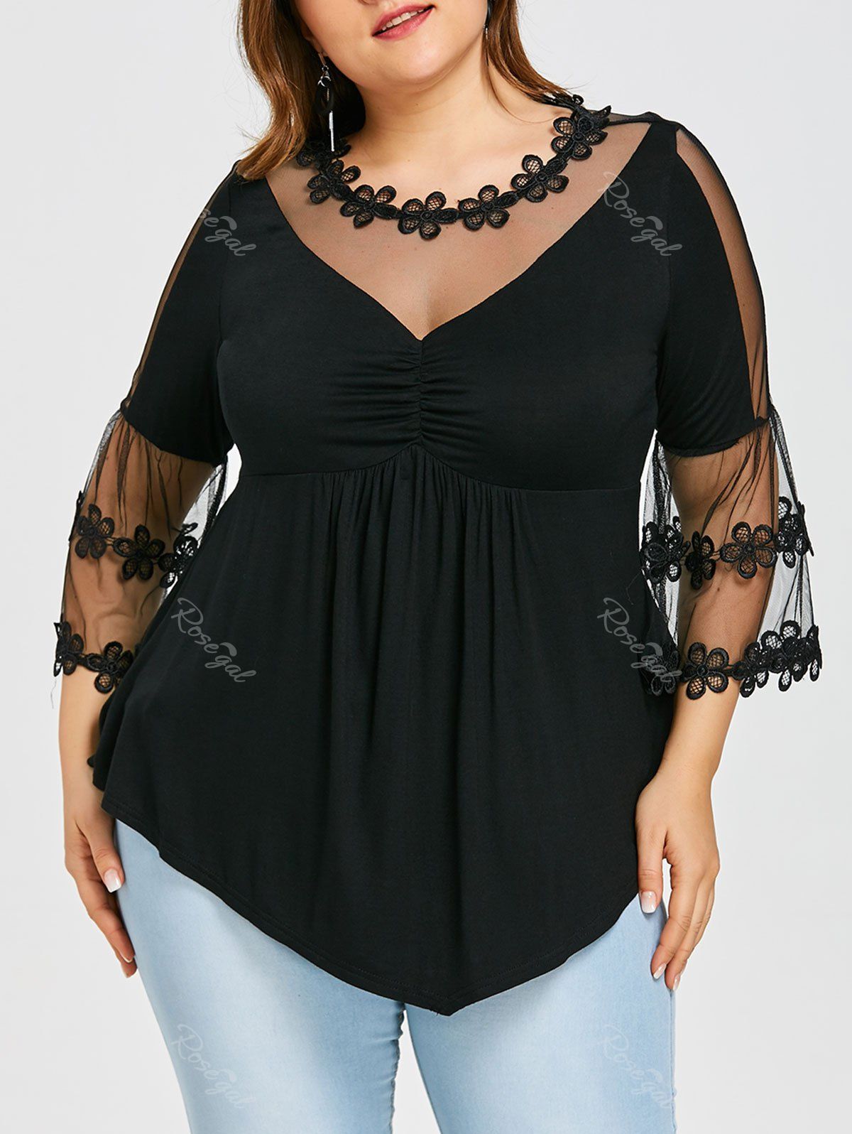 2019 see through plus size drawstring waist lace top