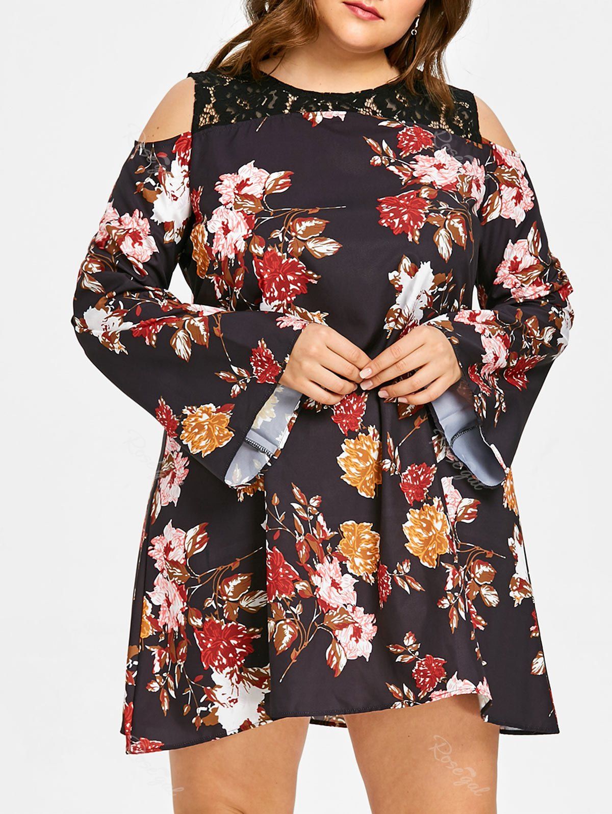 

Plus Size Floral Open Shoulder Dress, Black