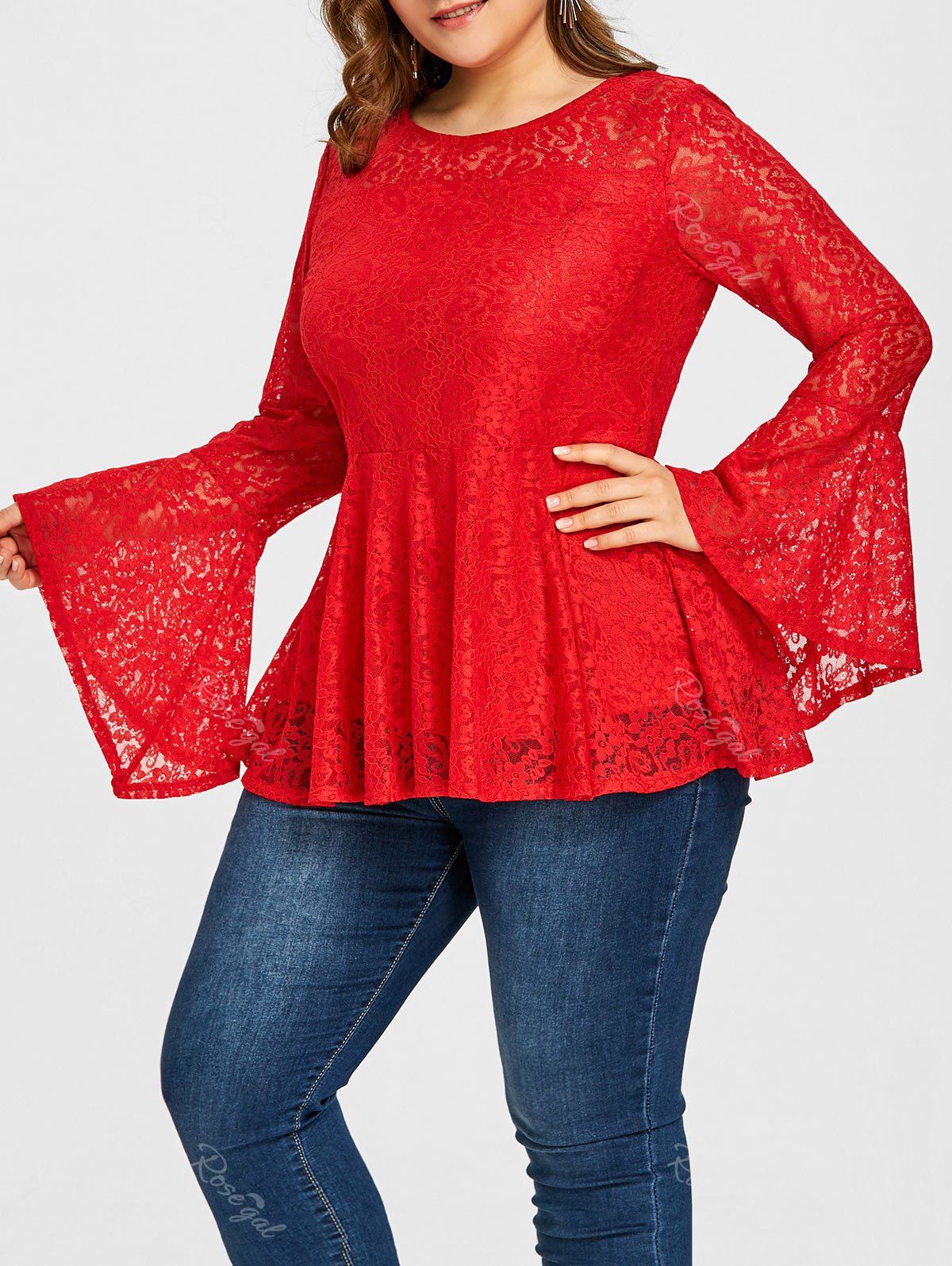 

Translucent Plus Size Lace Peplum Blouse, Red