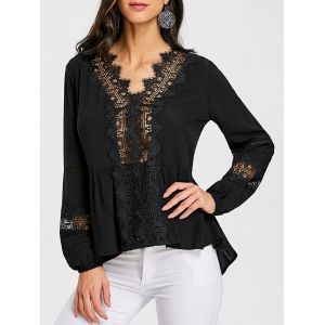 

Hollow Out Lace Trimmed Blouse, Black