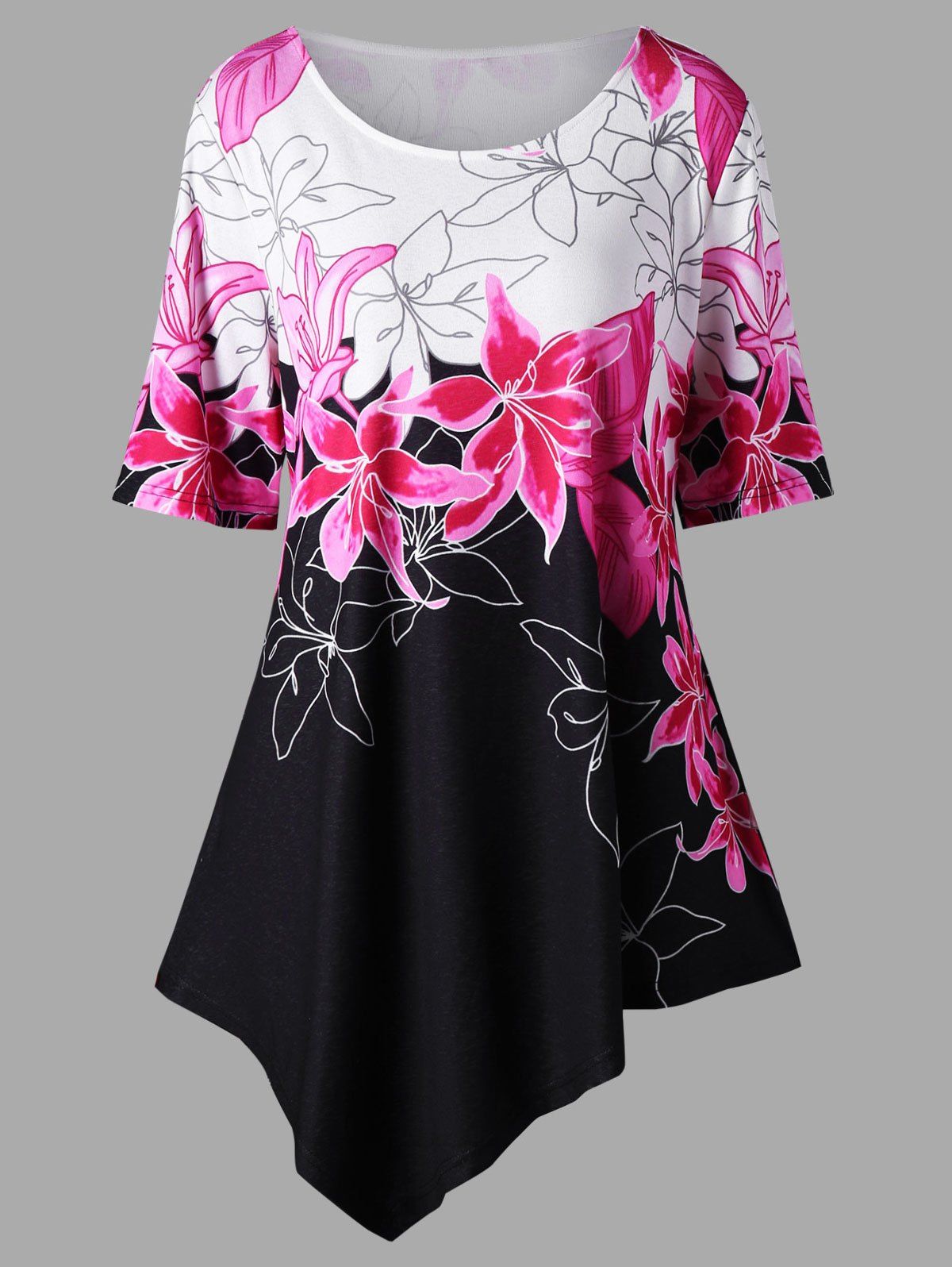 

Plus Size Floral Longline Asymmetric T-shirt, Colormix