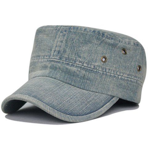 

Simple Line Embroidery Washed Flat Top Hat, Light blue