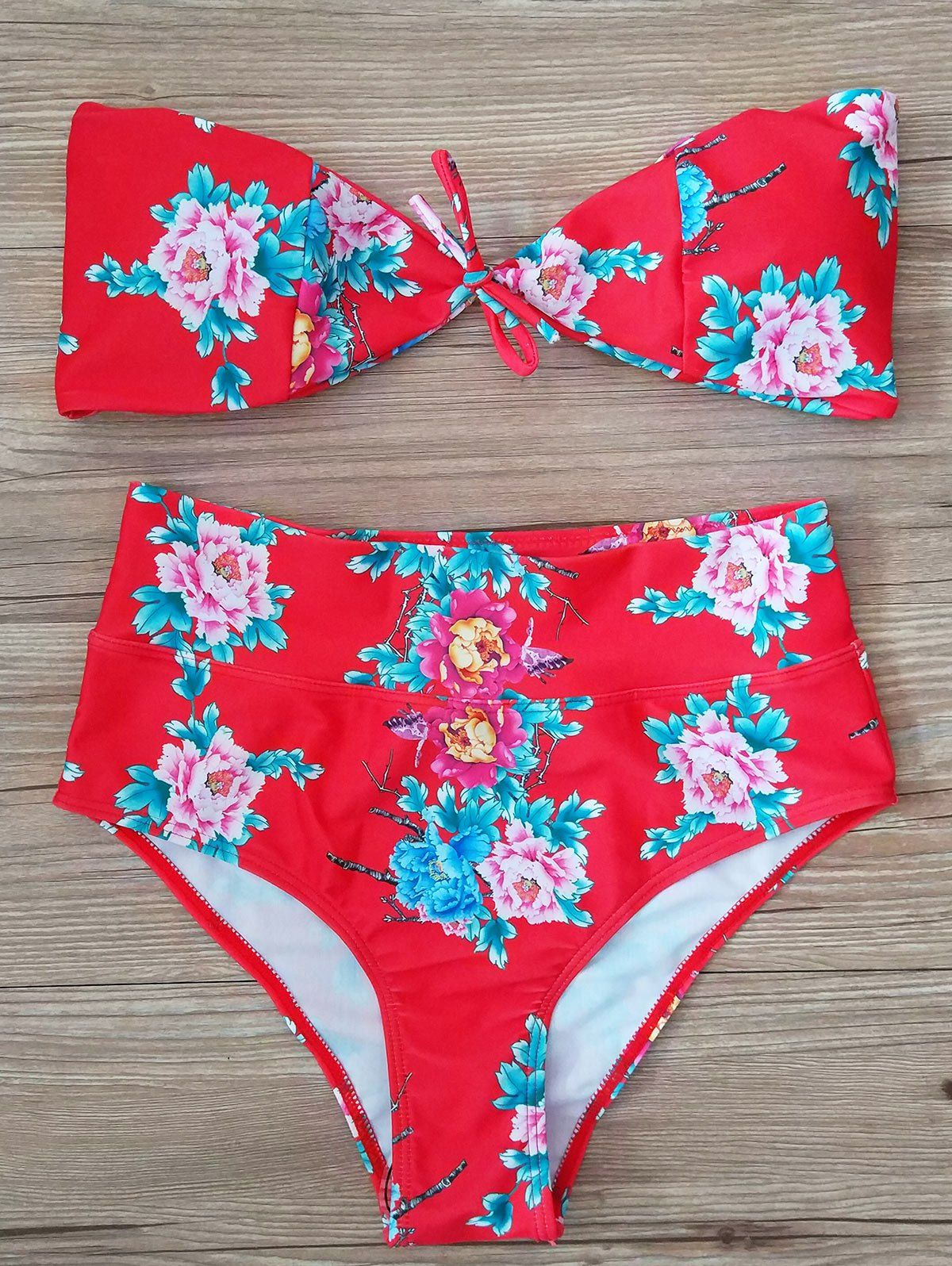 

Bandeau Bowknot Floral Print Bikini Set, Red