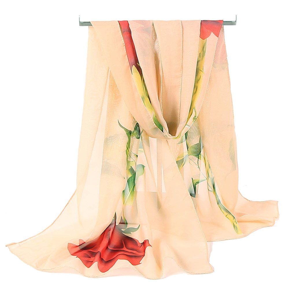 

Vintage Rose Pattern Embellished Chiffon Scarf, Apricot