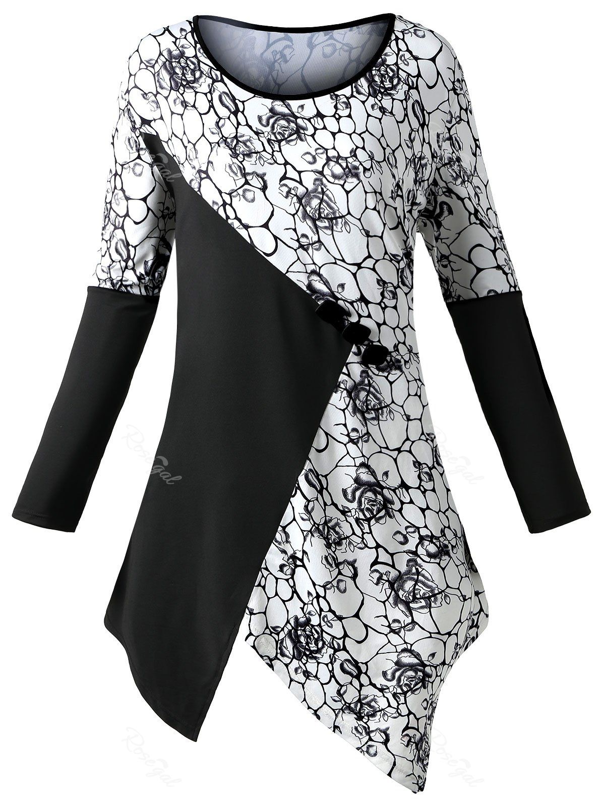 

Plus Size Color Block Floral Asymmetric Top, White and black