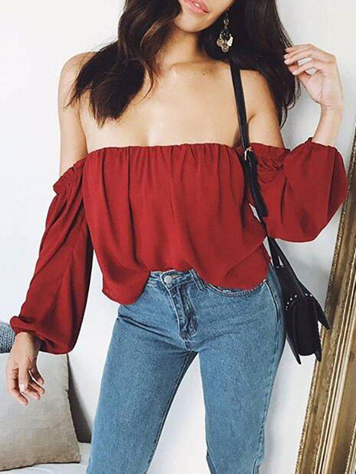 

Lantern Sleeve Off The Shoulder Blouse, Red