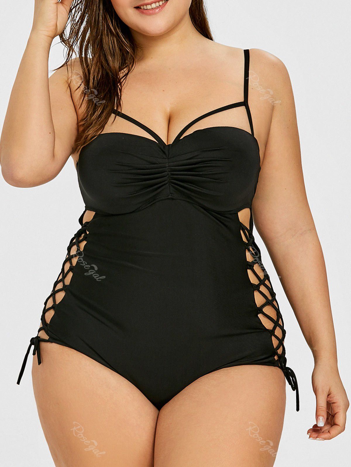 [47 Off] Plus Size Lace Up Ruched Swimsuit Rosegal