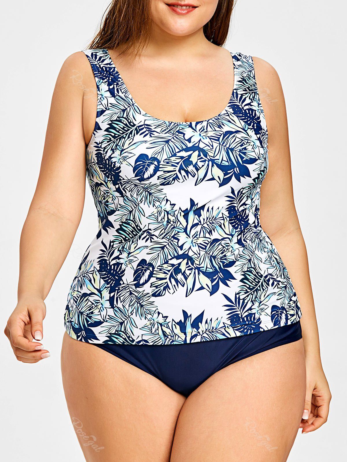 

Hawaiian Leaf Print Plus Size Flowy Tankini, Colormix