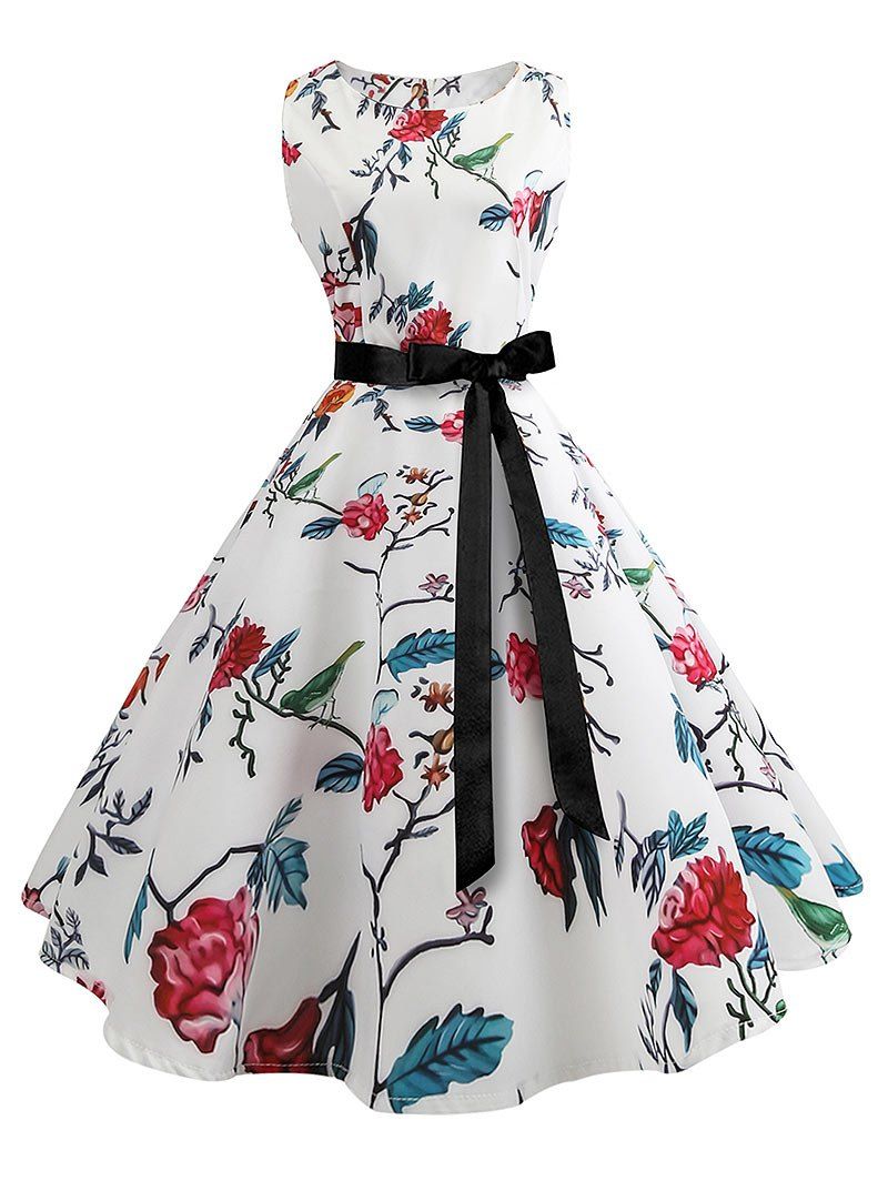 

Vintage Floral Bird Print Belted Dress, Blue