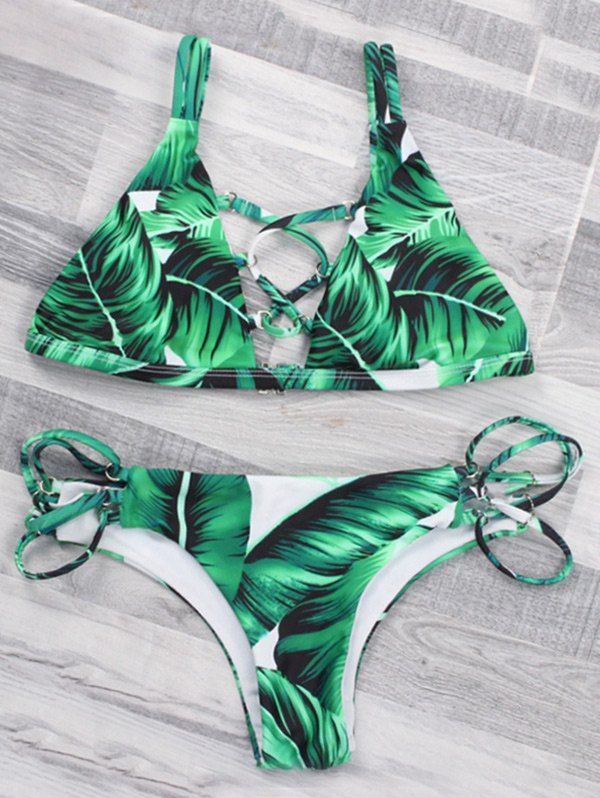 

Lace Up Tropical Leaf Printed Bikini Set, Green