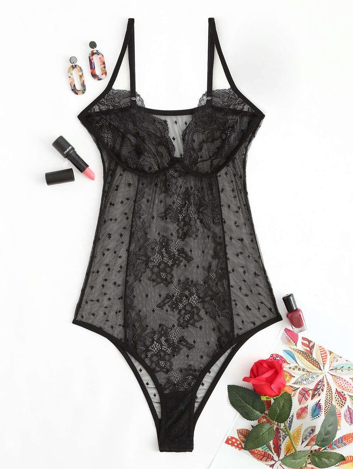 

Sheer Lingerie Lace Bodysuit, Black