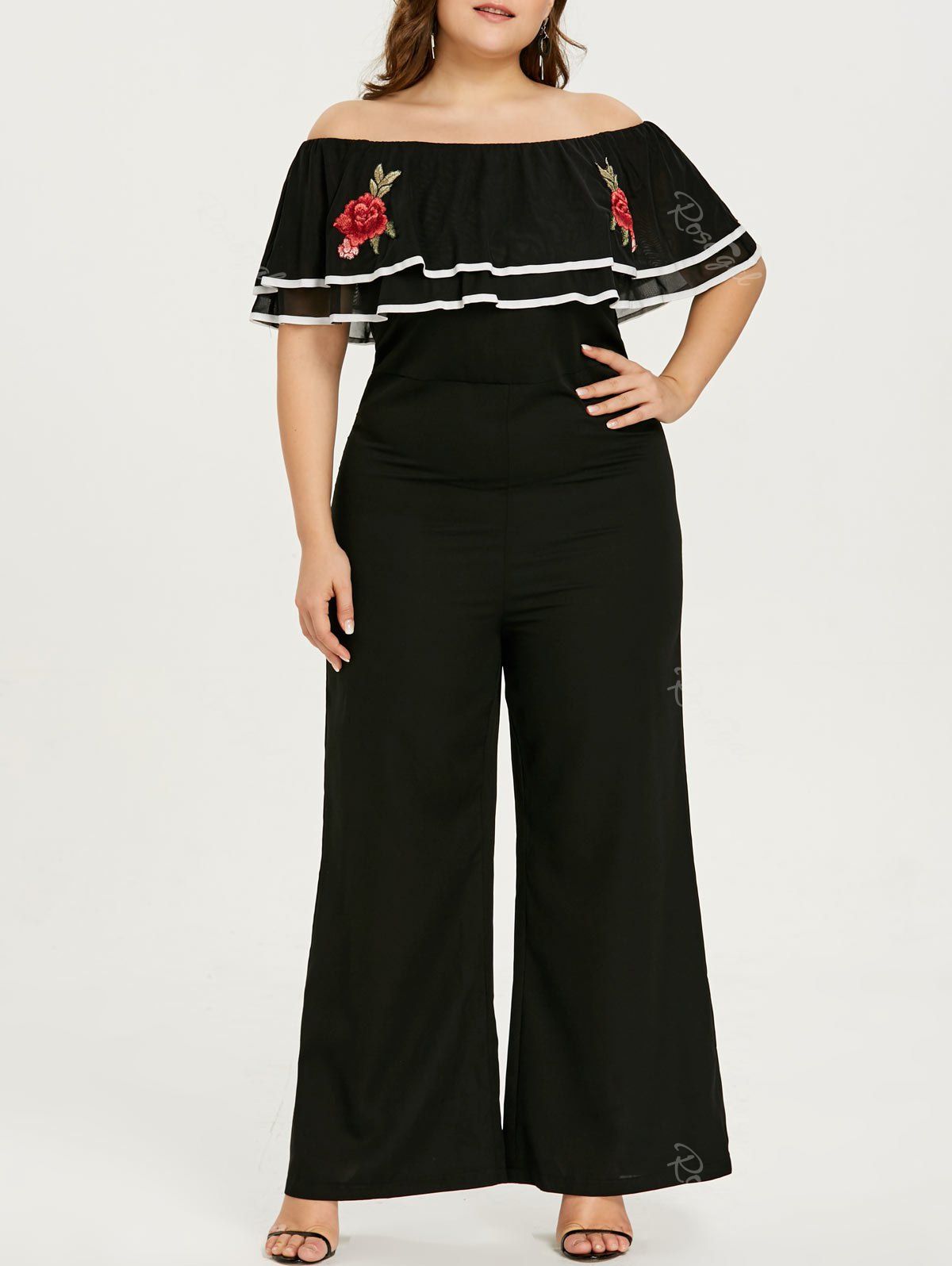 

Plus Size Flounce Off Shoulder Jumpsuit, Black