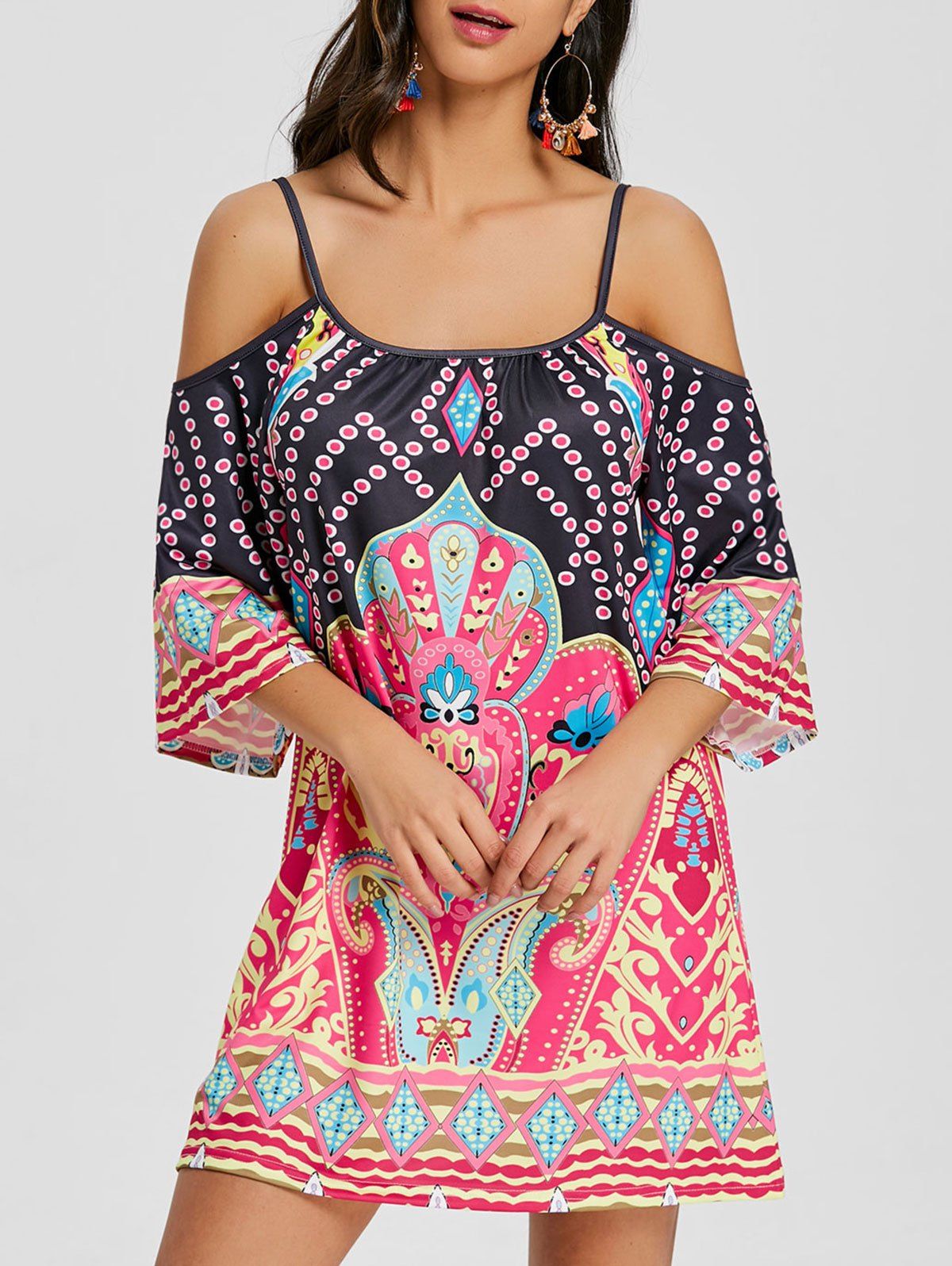 

Spaghetti Strap Print Cold Shoulder Dress, Colormix