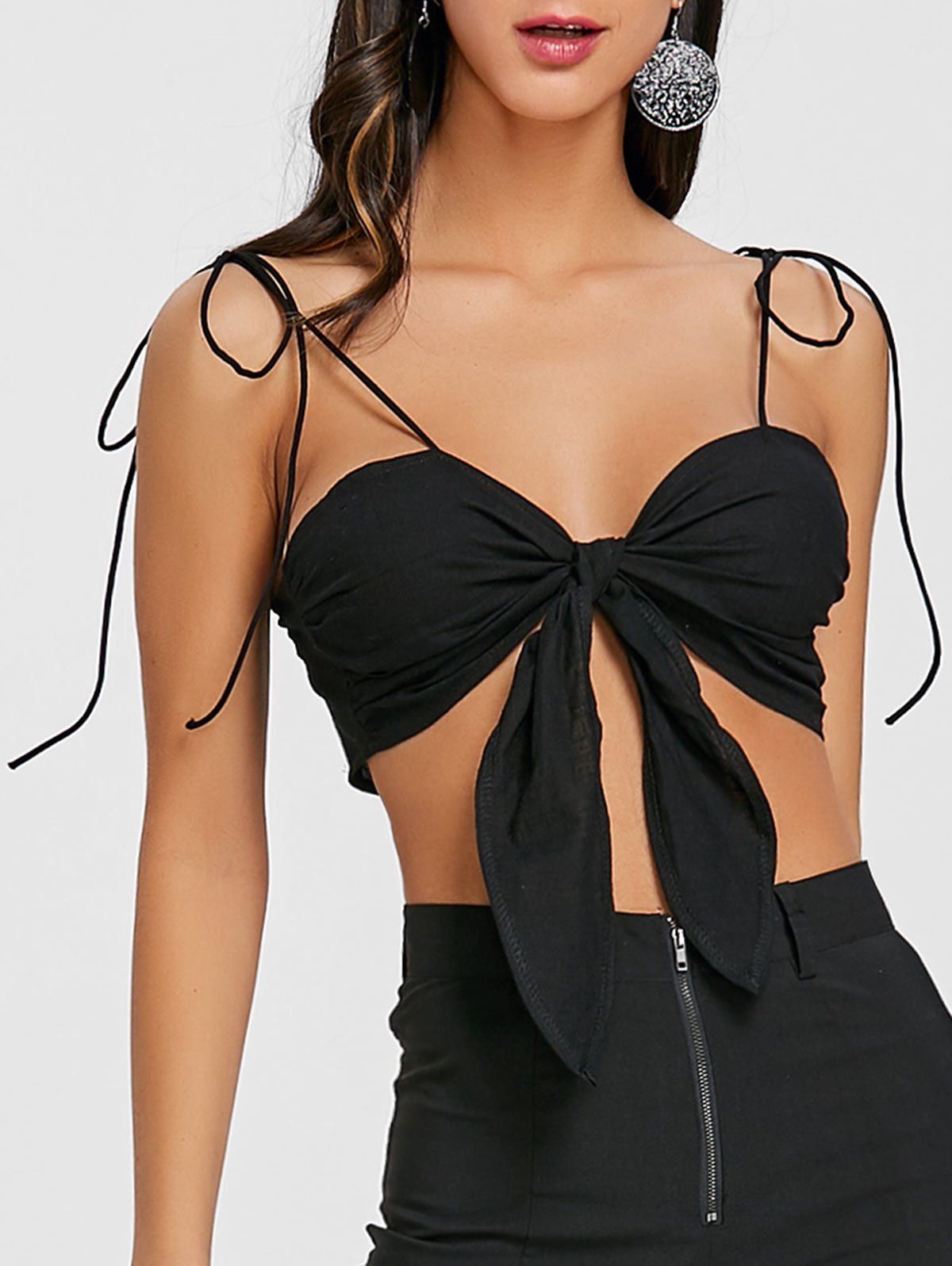 

Spaghetti Strap Tie Up Crop Top, Black