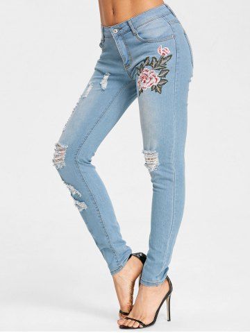 Cheap High Waisted Embroidered Ripped Jeans  