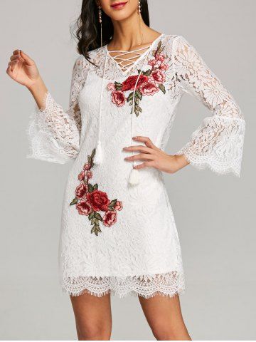 Trendy Bell Sleeve Fitted Lace Dress with Slip Dress  