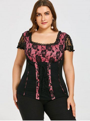 

Plus Size Lace Up Square Neck T-shirt, Black + rose red