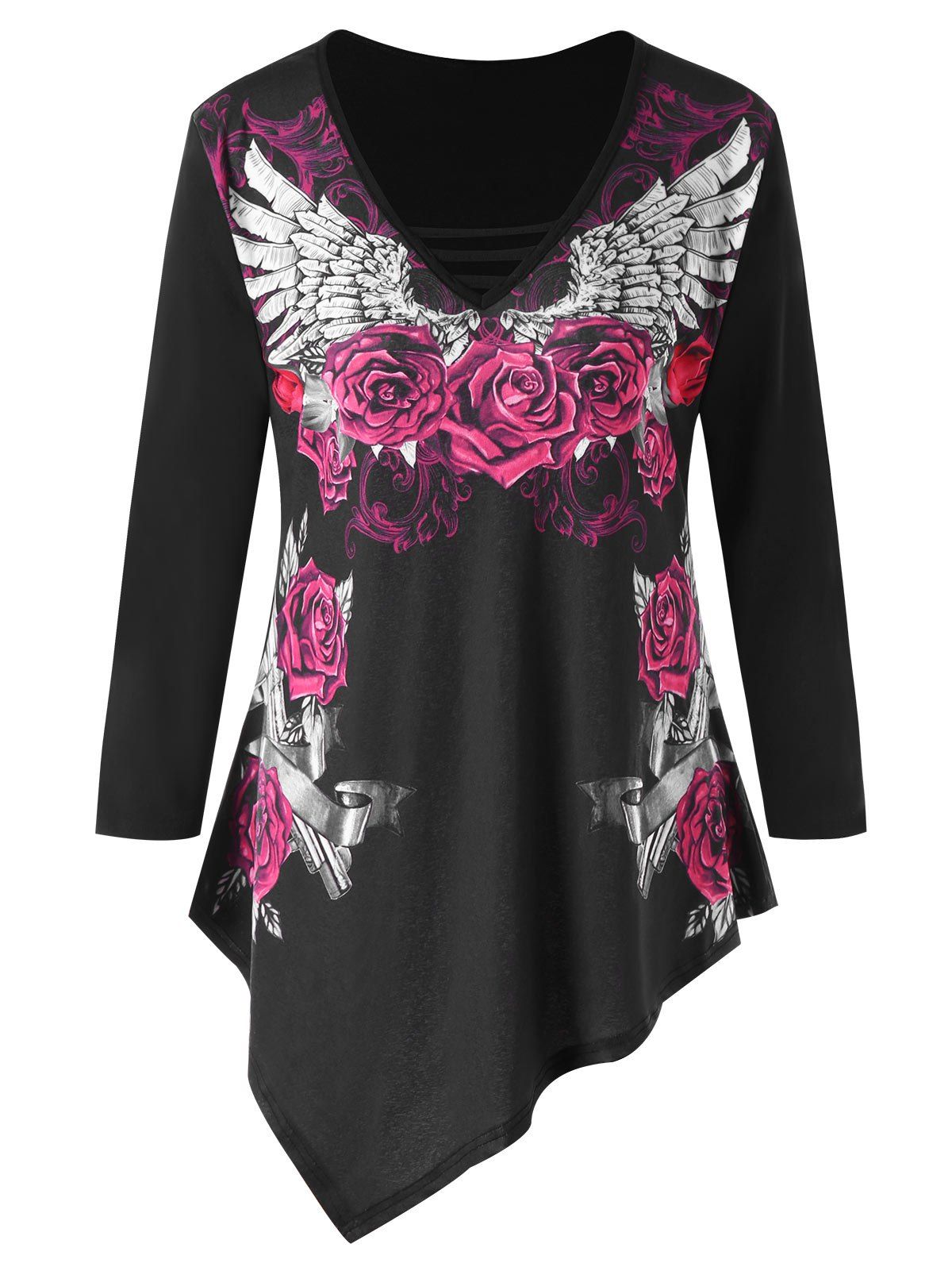 

Plus Size Rose V Neck Asymmetric T-shirt, Black