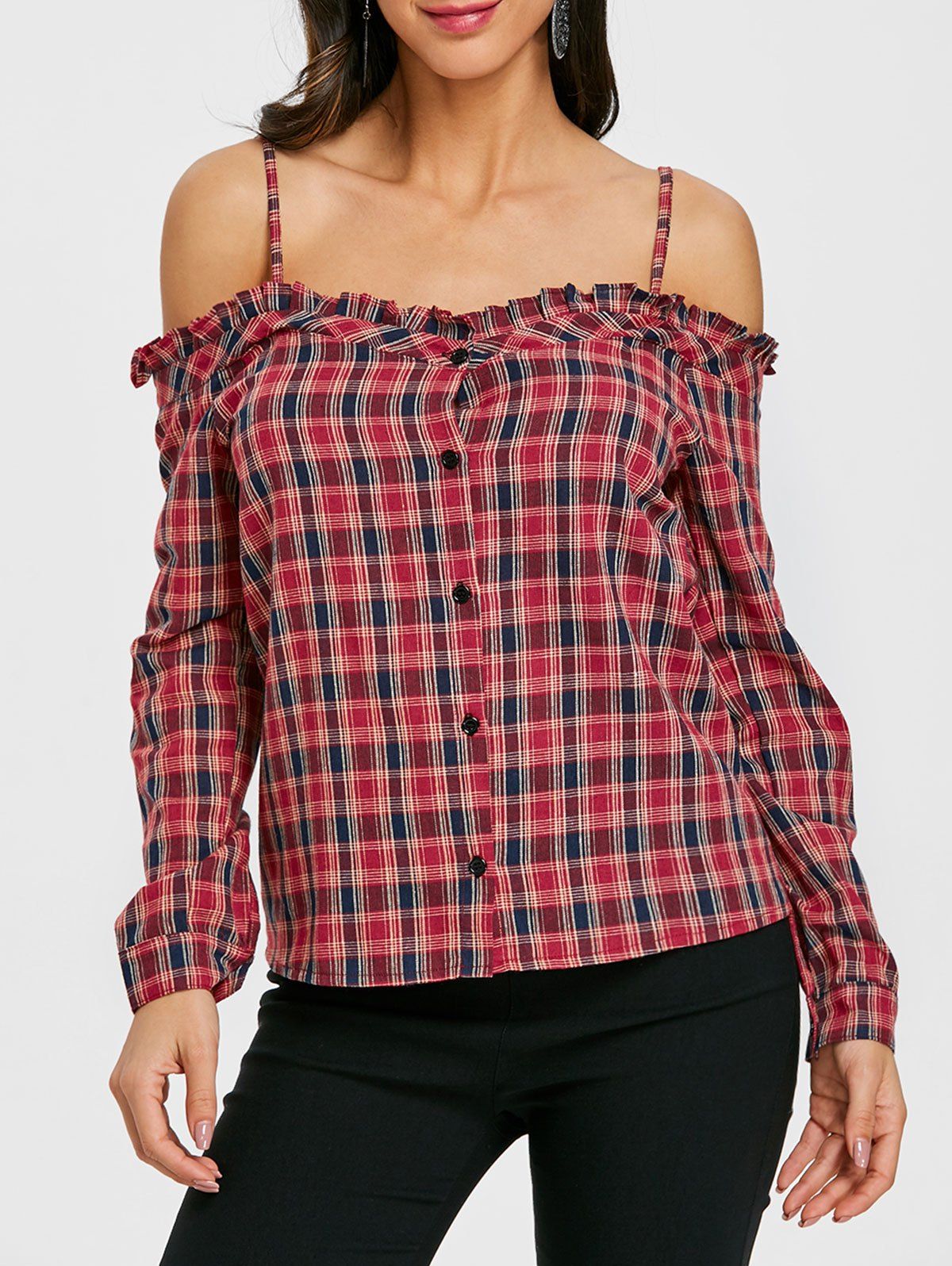 

Spaghetti Strap Ruffle Trim Plaid Shirt, Checked