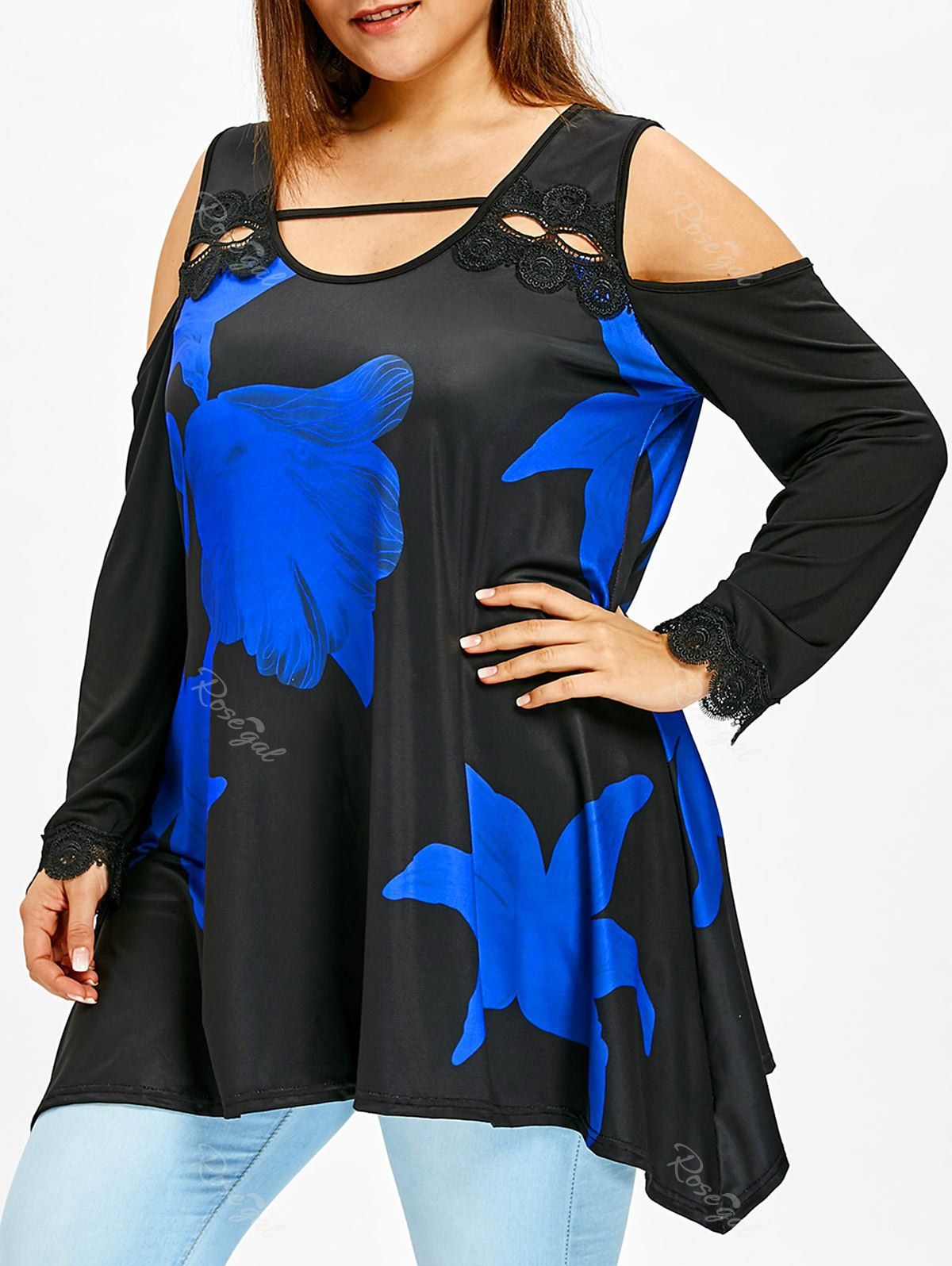 

Flower Print Plus Size Cold Shoulder T-shirt, Blue and black