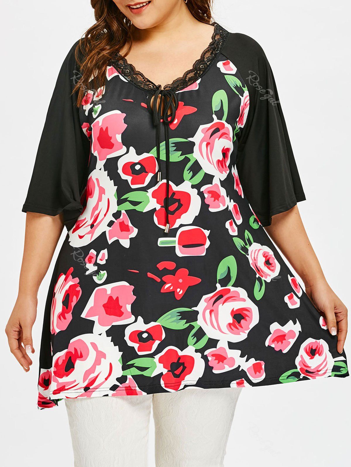 

Flower Print Plus Size Raglan Sleeve T-shirt, Colormix