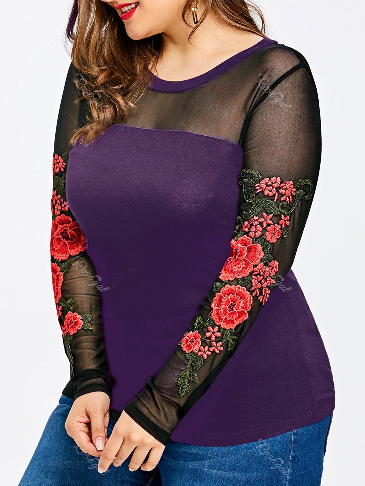 

Plus Size Sheer Embroidery Long Sleeve T-shirt, Purple