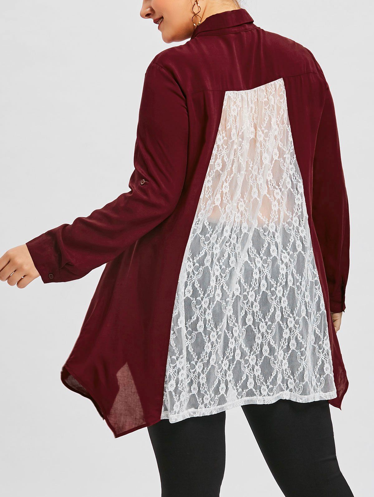 

Plus Size Lace Panel Handkerchief Shirt, Wine red