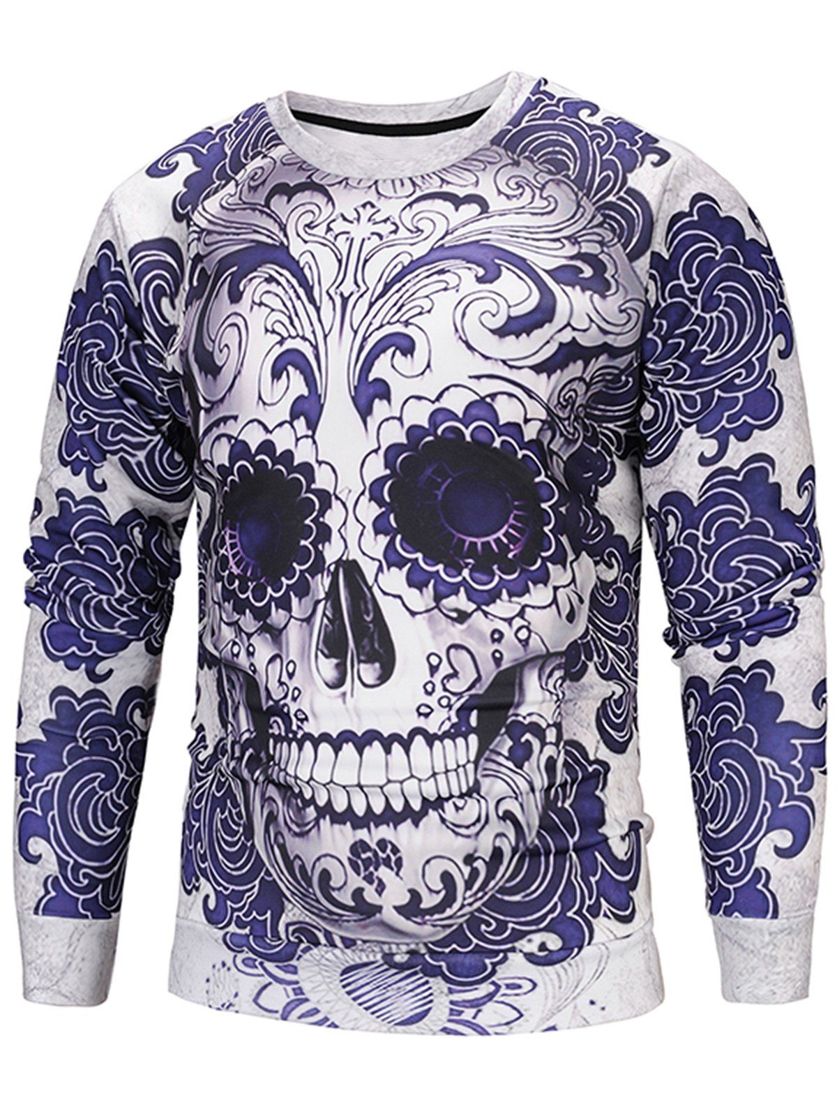 

Skull Print Crew Neck Sweatshirt, Blue