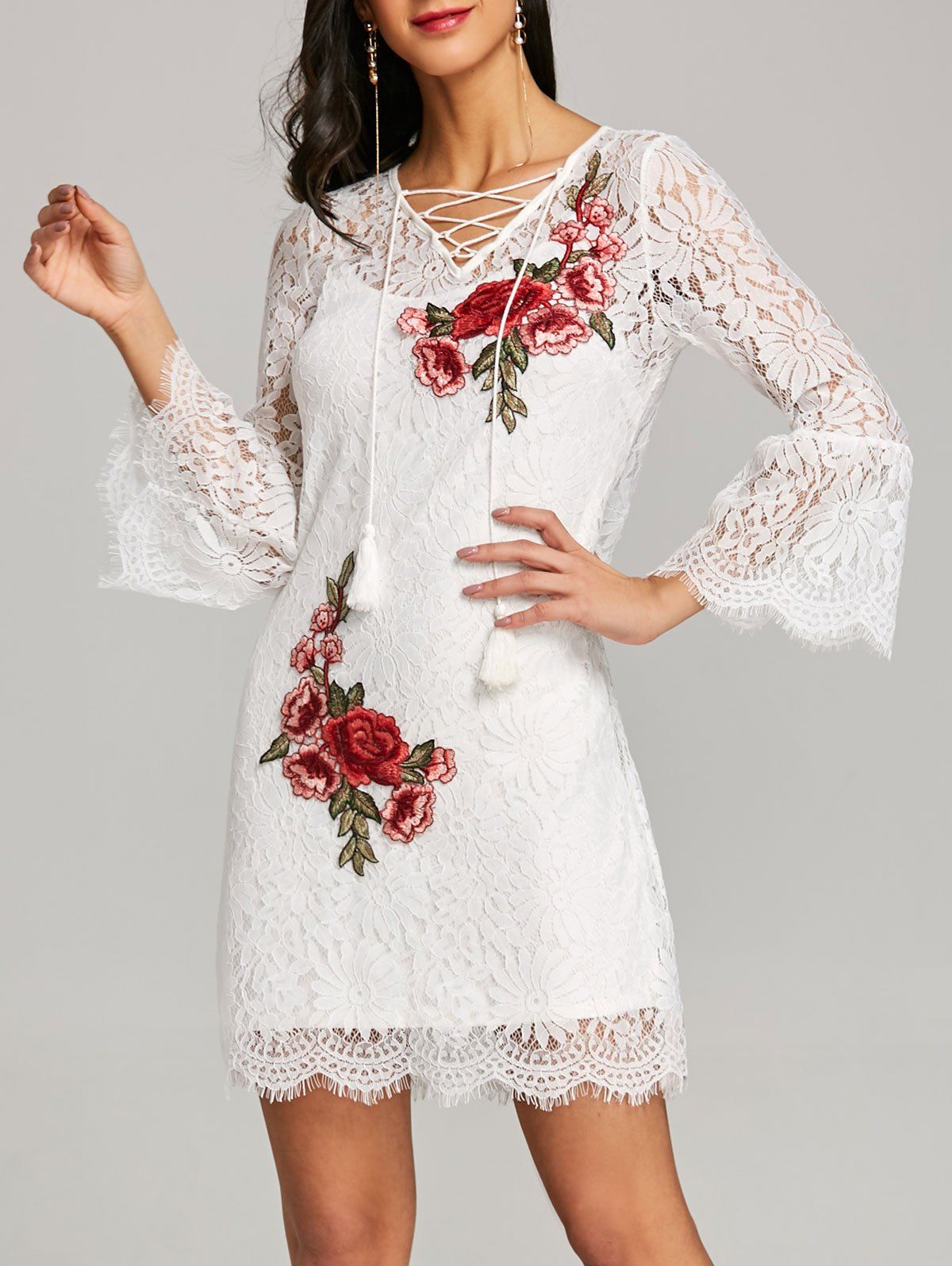 

Bell Sleeve Fitted Lace Dress with Slip Dress, White