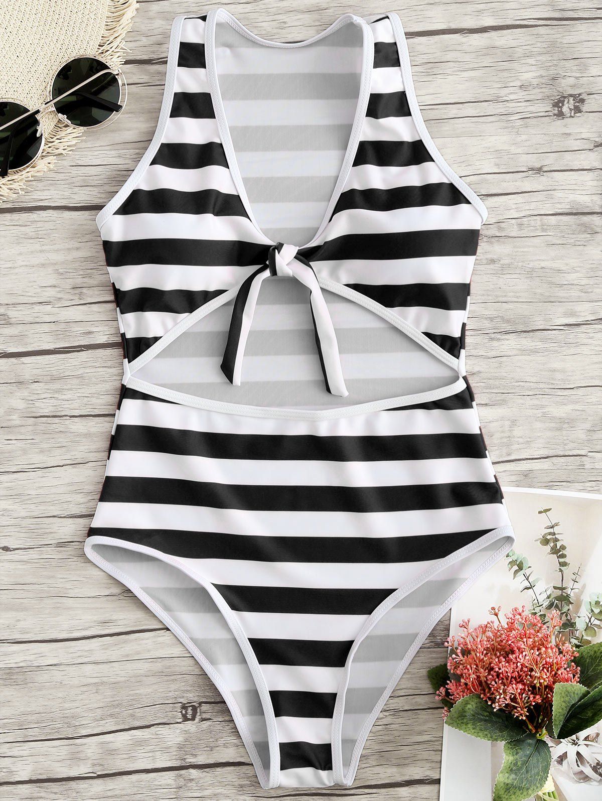 

High Leg Stripe One Piece Swimsuit, Black stripe