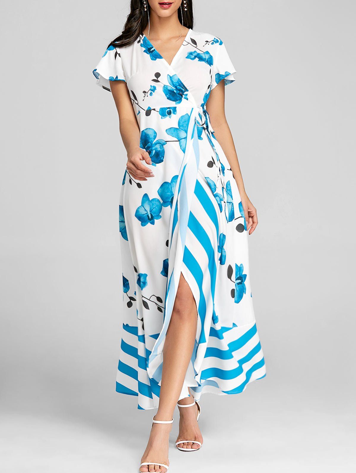 [33 OFF] Flower Pattern Ruffle Wrap Dress Rosegal