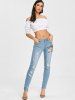 High Waisted Embroidered Ripped Jeans -  