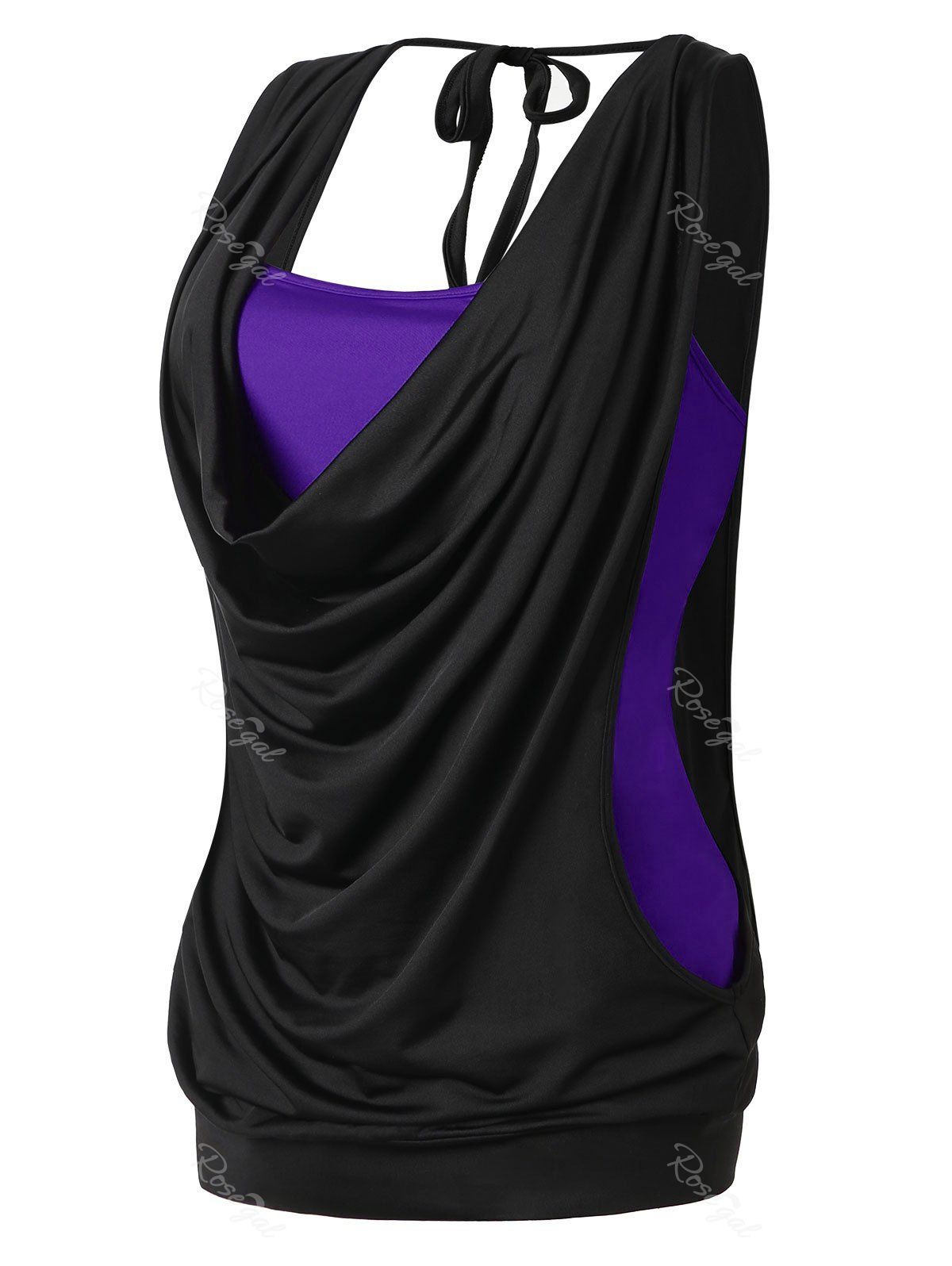 

Plus Size Cowl Neck 2 in 1 Tank Top, Black and purple