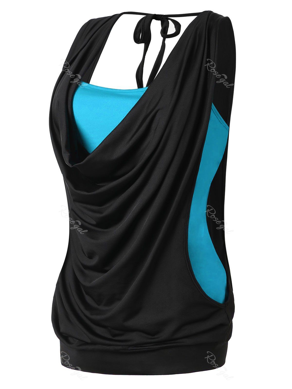 

Plus Size Cowl Neck 2 in 1 Tank Top, Blue and black