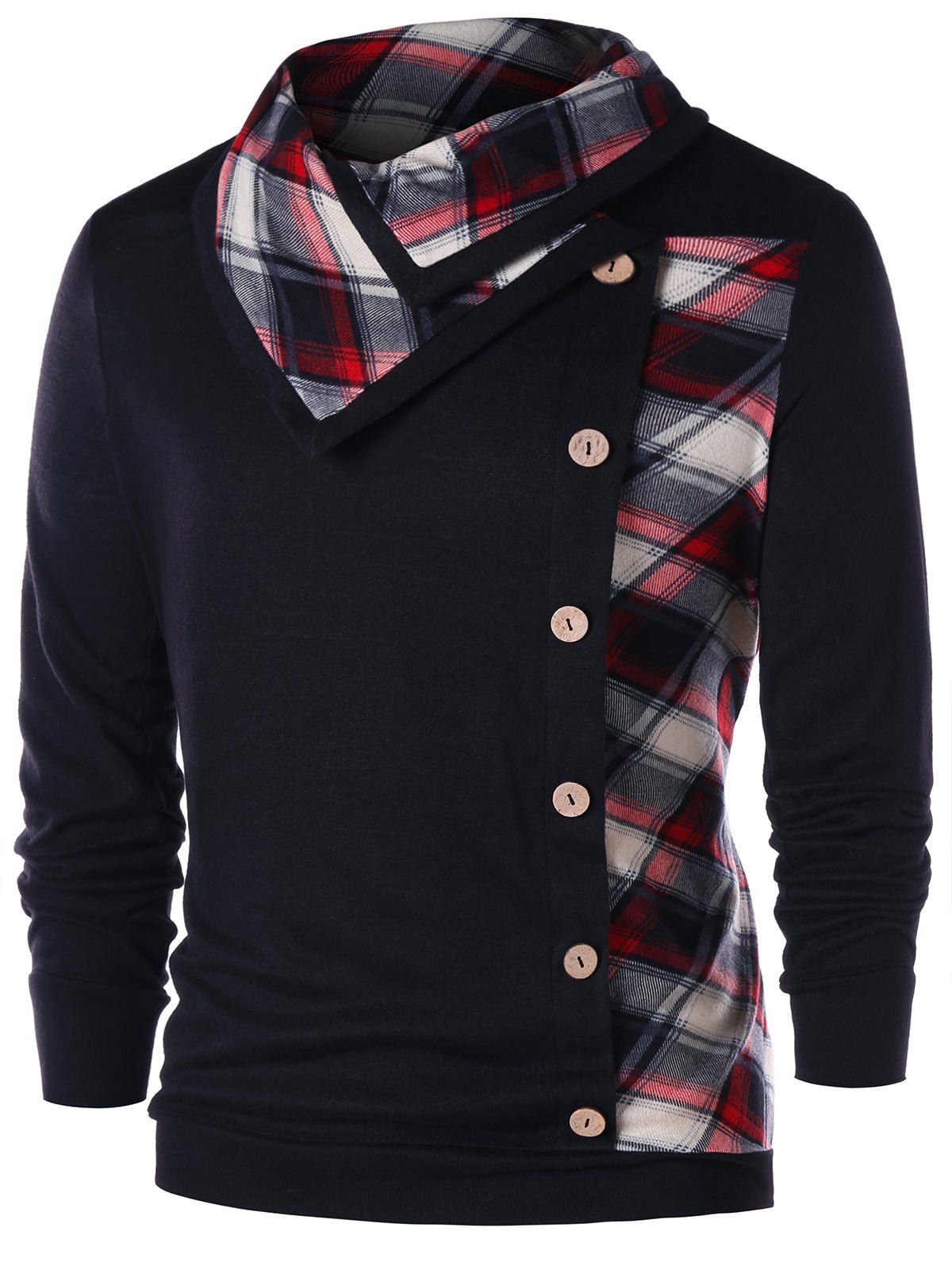 

Heaps Collar Button Embellished Plaid Sweatshirt, Black&red