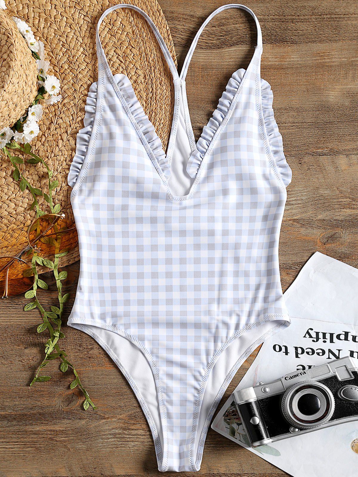

Plaid Ruffles Racerback High Cut One Piece Swimwear, Checked