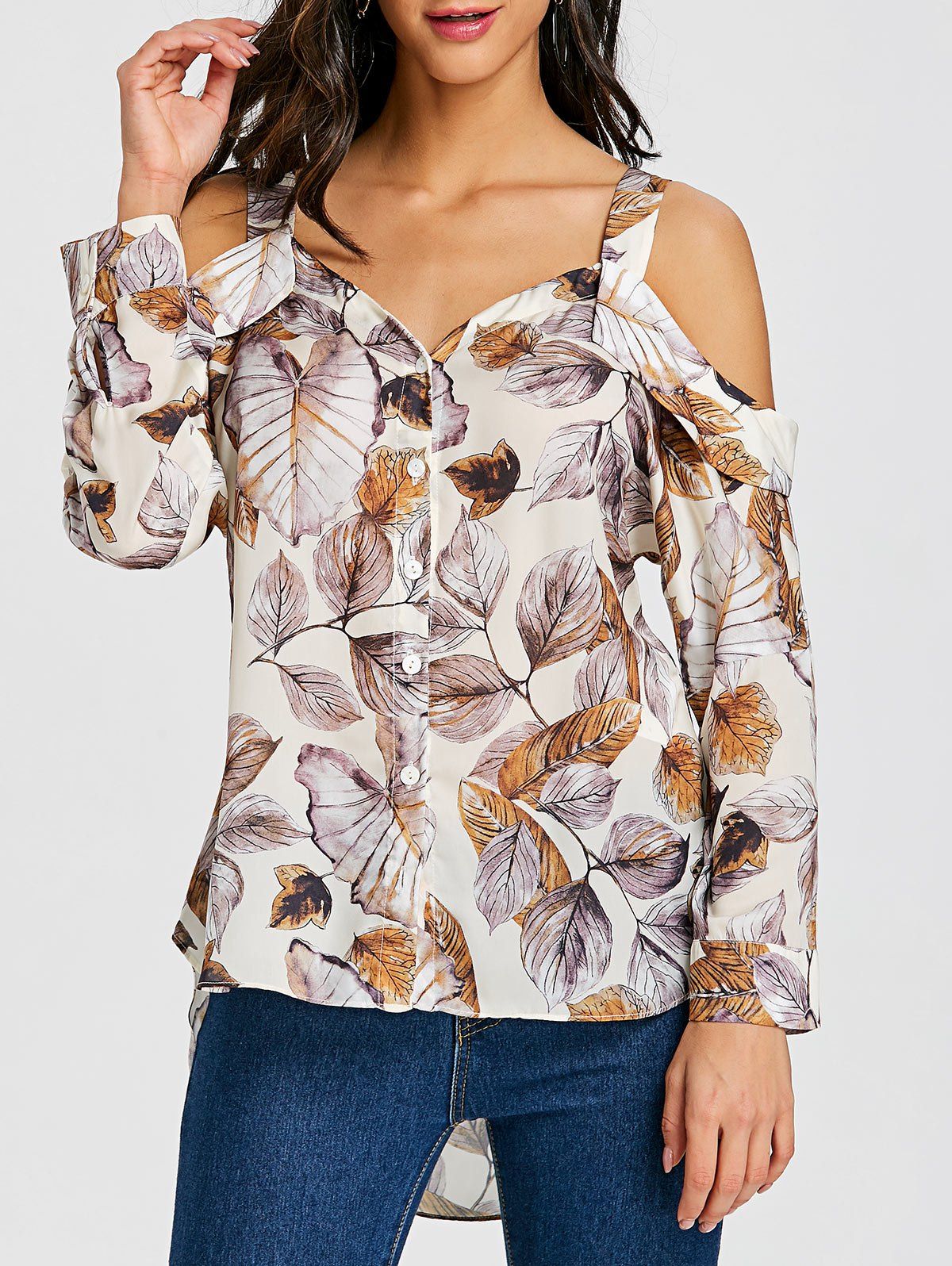 

Cold Shoulder Button Up Print Blouse, Colormix