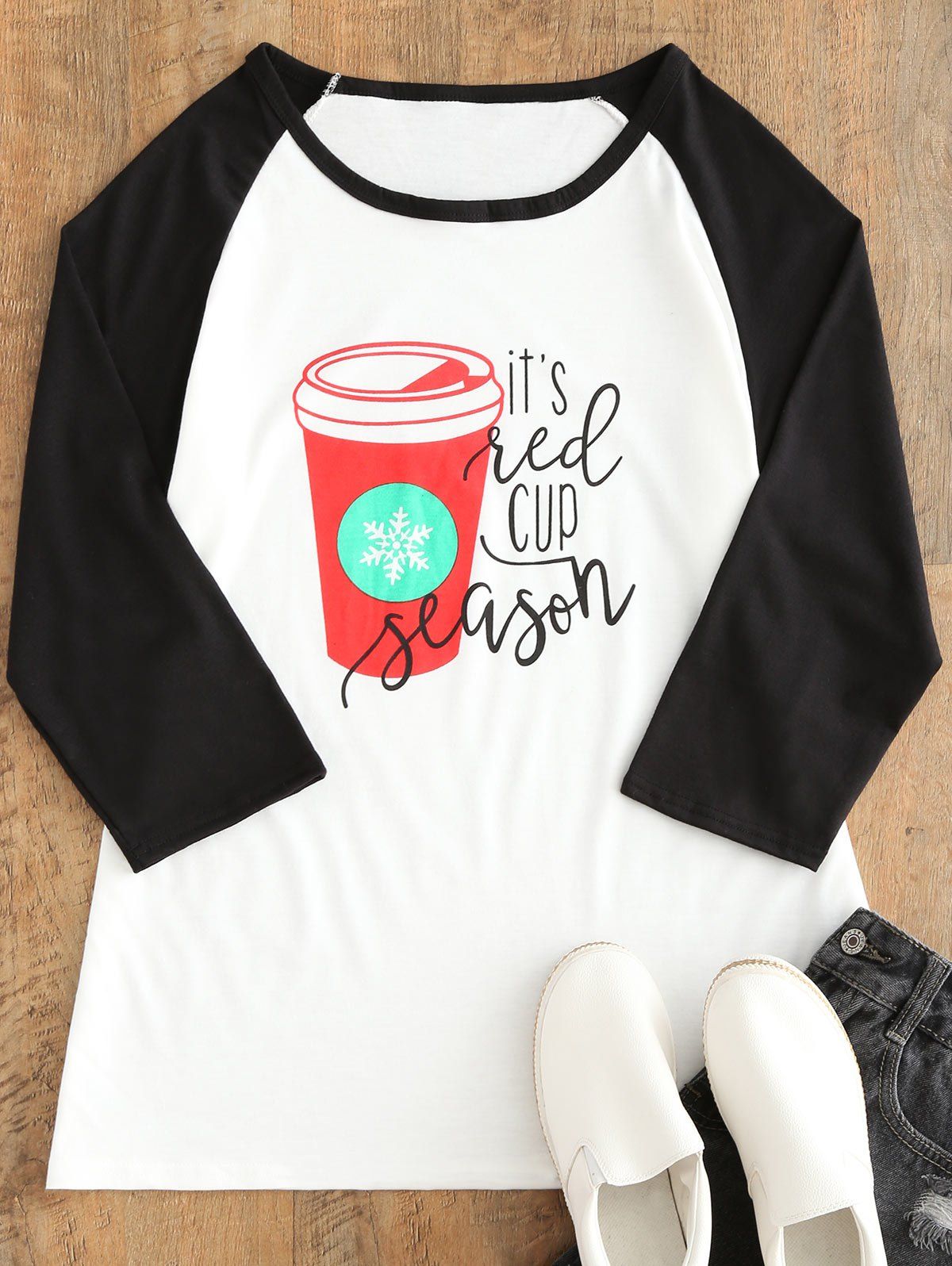 

Graphic Print Raglan Sleeve Tee, White and black